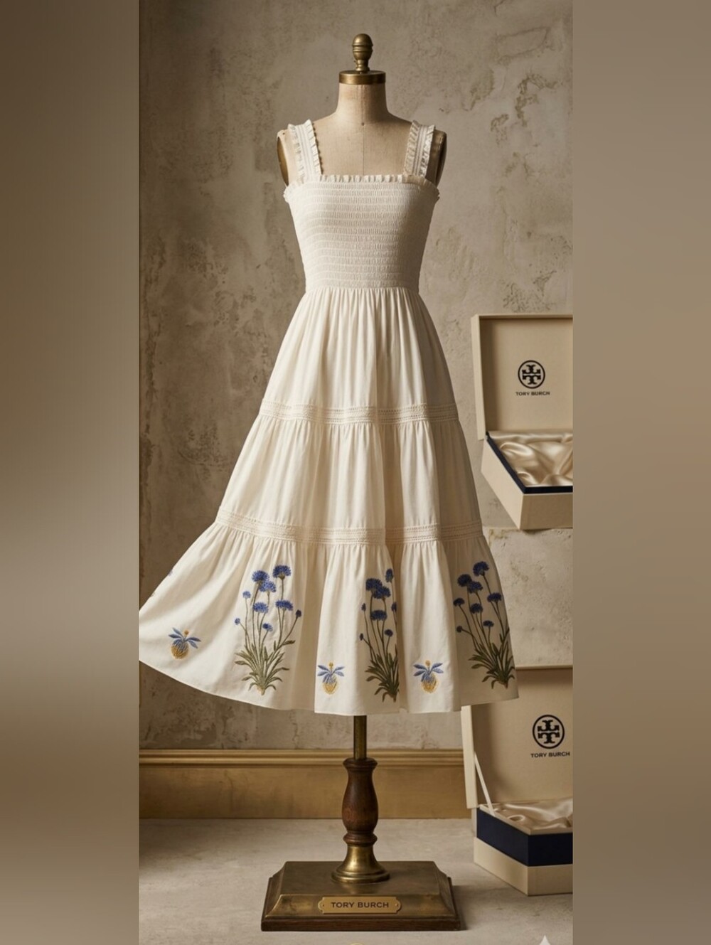 Tory Burch XL Embroidered Smocked Midi Dress